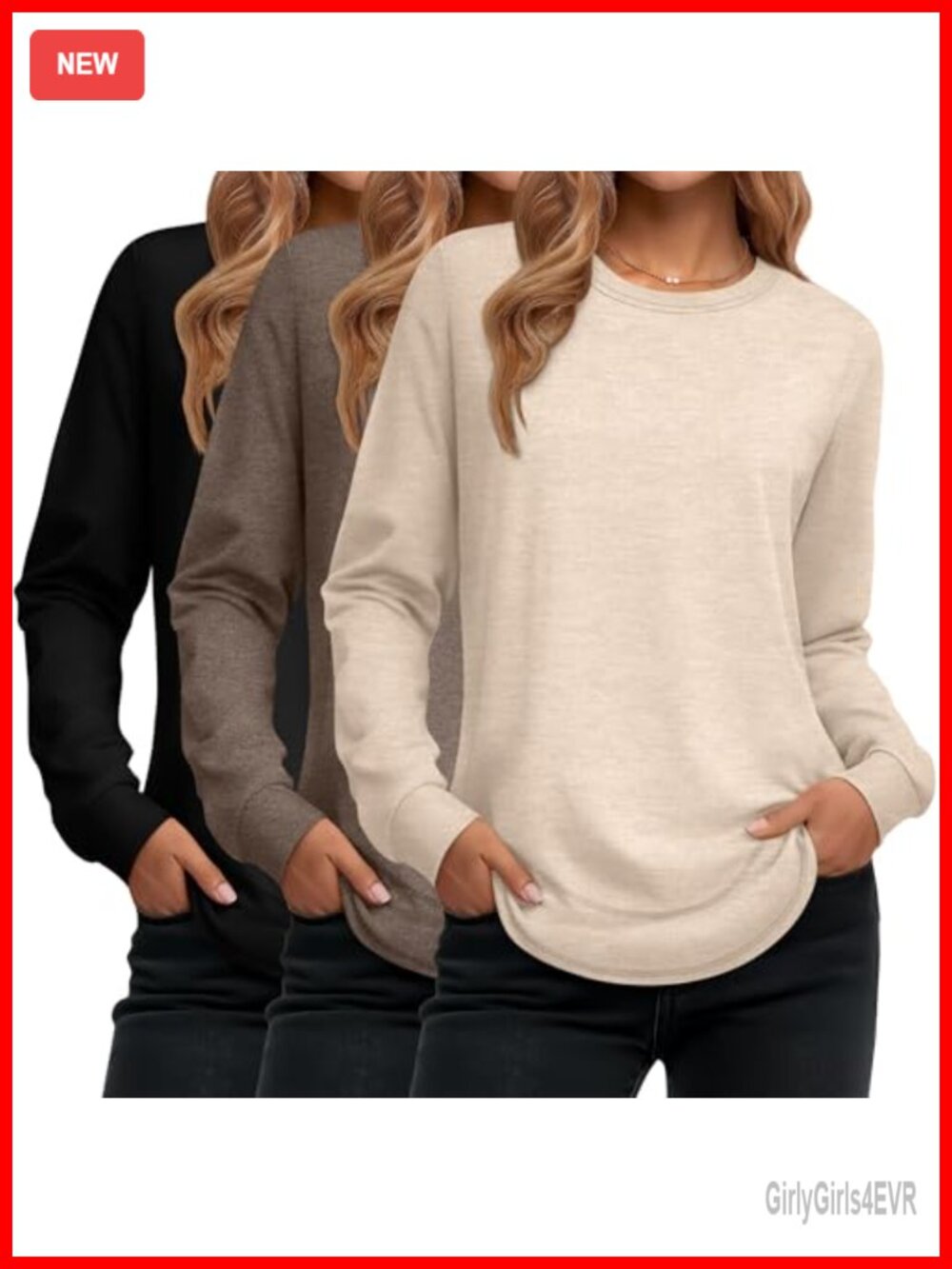 Women's 3 Pack Cotton Blend Long Sleeve Crewneck Pullover Sweatshirts Loose Fit